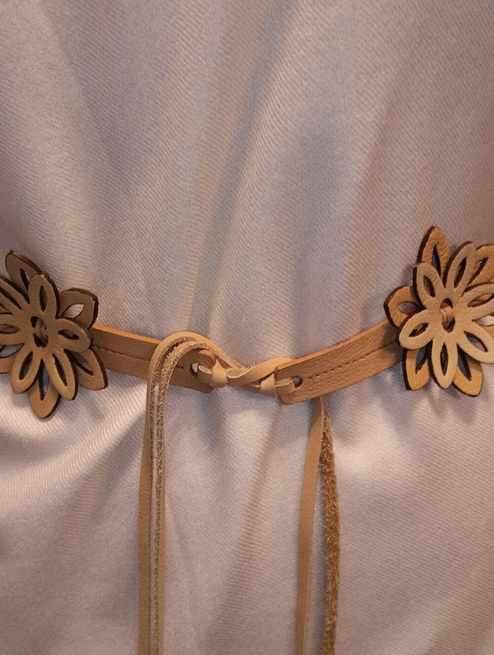 Faux Leather Boho Flower Accent Tie Belt in Tan